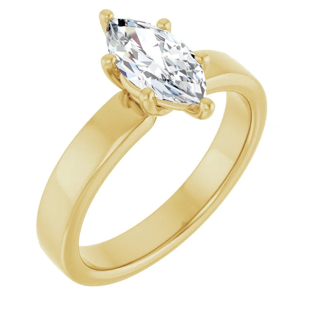 Marquise Yellow Gold Wide Band Solitaire Moissanite Engagement Ring