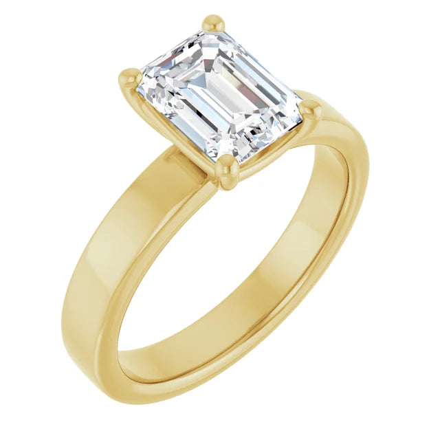 Emerald Yellow Gold Wide Band Solitaire Moissanite Engagement Ring