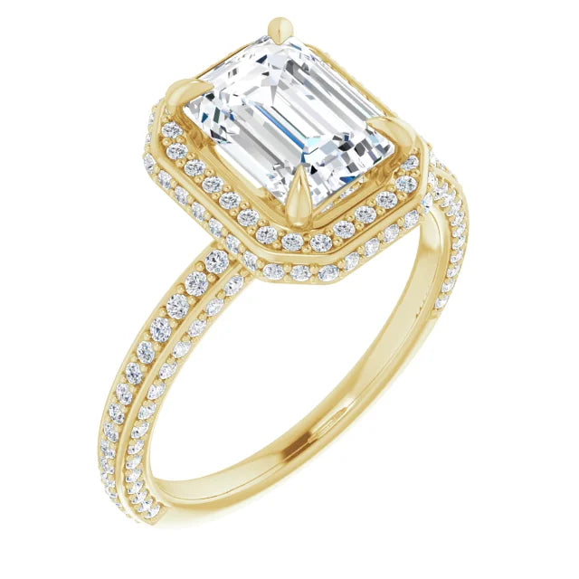 Emerald Yellow Gold Halo Pave Style Moissanite Engagement Ring