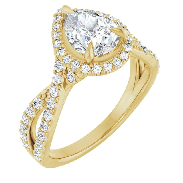 Pear Yellow Gold Twist Band Halo Moissanite Engagement Ring