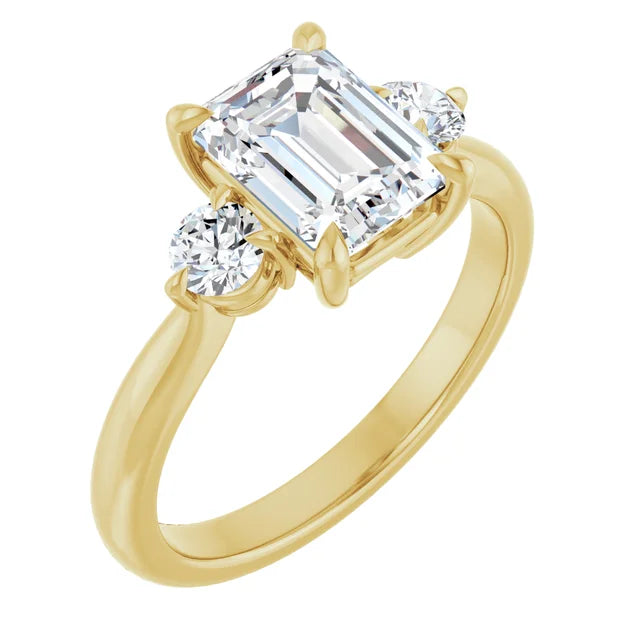 Emerald Yellow Gold Tri Stone Moissanite Engagement Ring