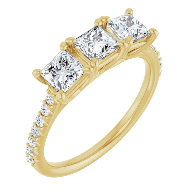 Princess Yellow Gold Tri Stone Moissanite Engagement Ring