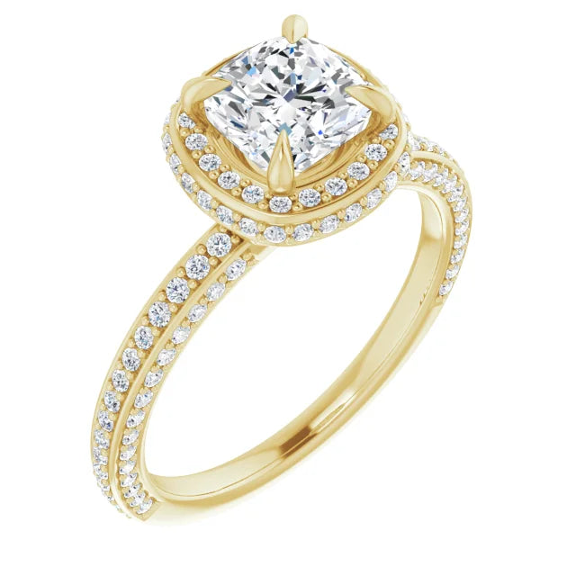 Cushion Yellow Gold Halo Pave Style Moissanite Engagement Ring