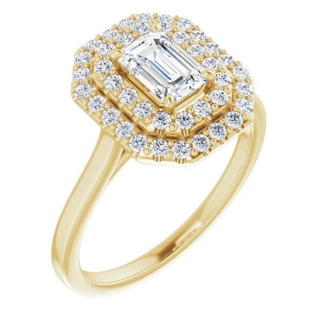 Emerald Yellow Gold Double Halo Solitaire Moissanite Engagement Ring