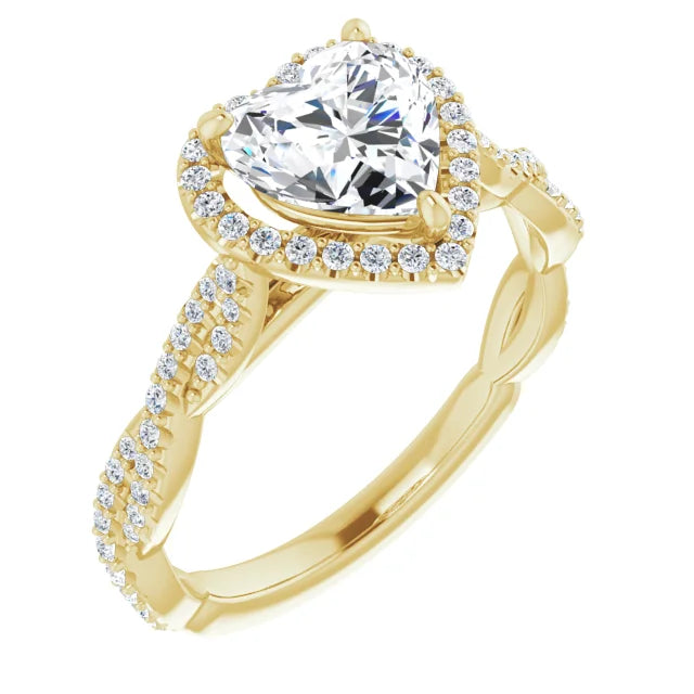 Heart Yellow Gold Halo Twist Pave Moissanite Engagement Ring