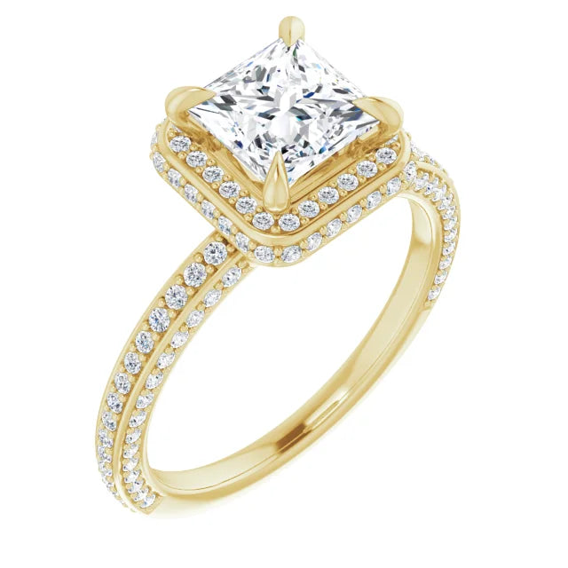 Princess Yellow Gold Halo Pave Style Moissanite Engagement Ring