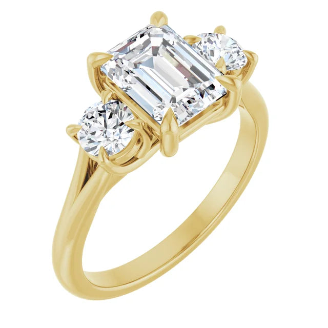 Emerald Yellow Gold Tri Stone Moissanite Engagement Ring