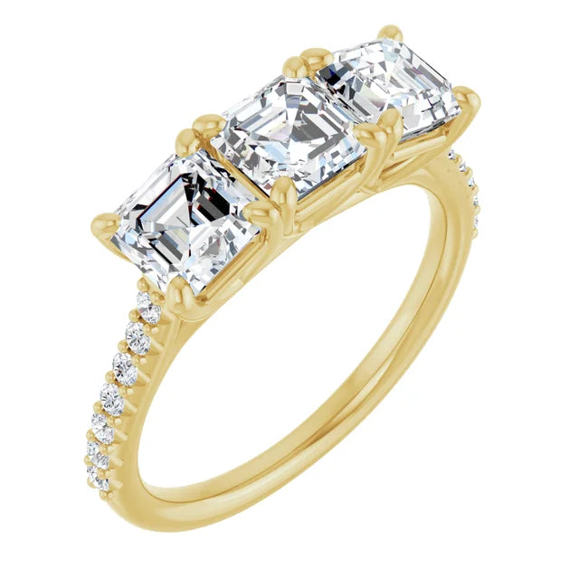 Cushion Yellow Gold Tri Stone Moissanite Engagement Ring