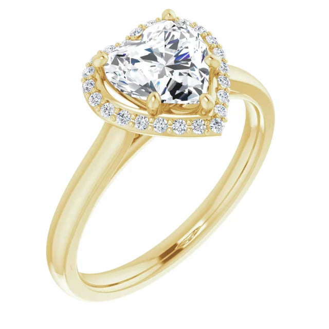 Yellow Gold Heart Halo Solitaire Engagement Ring. Moissanite