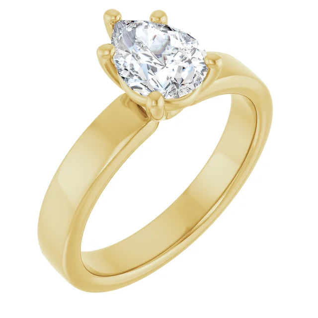 Pear Yellow Gold Wide Band Solitaire Moissanite Engagement Ring