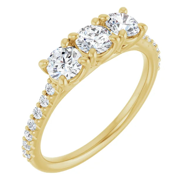 Round Brilliant Yellow Gold Tri Stone Moissanite Engagement Ring