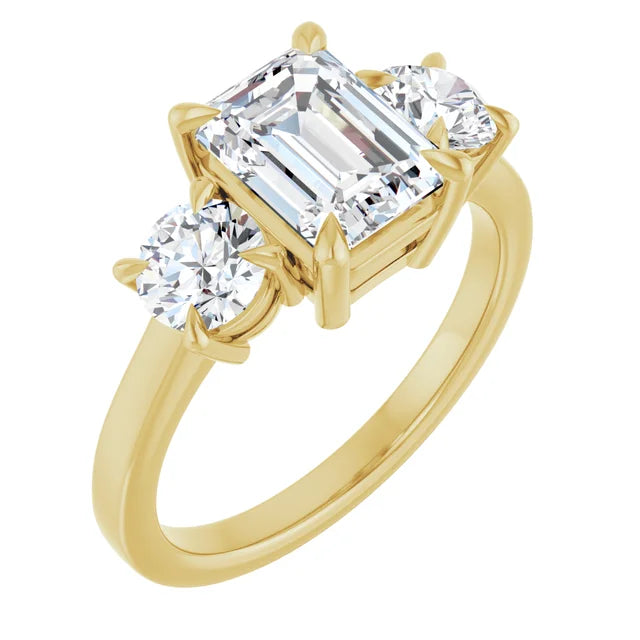 Emerald Yellow Gold Tri Stone Moissanite Engagement Ring