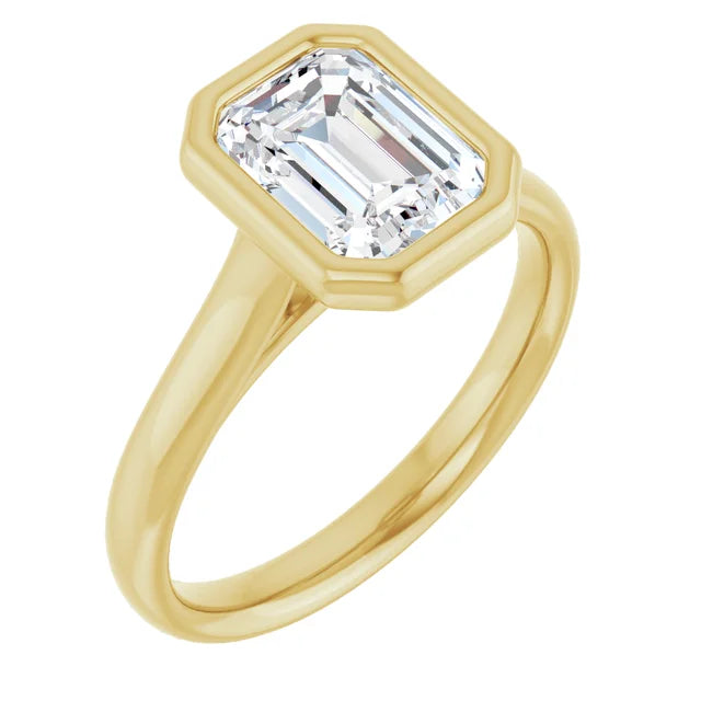 Emerald Yellow Gold Solitaire Bezel Moissanite Engagement Ring