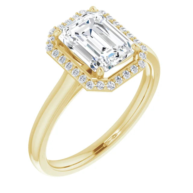 Emerald Halo Solitaire Moissanite Engagement Ring Yellow Gold.