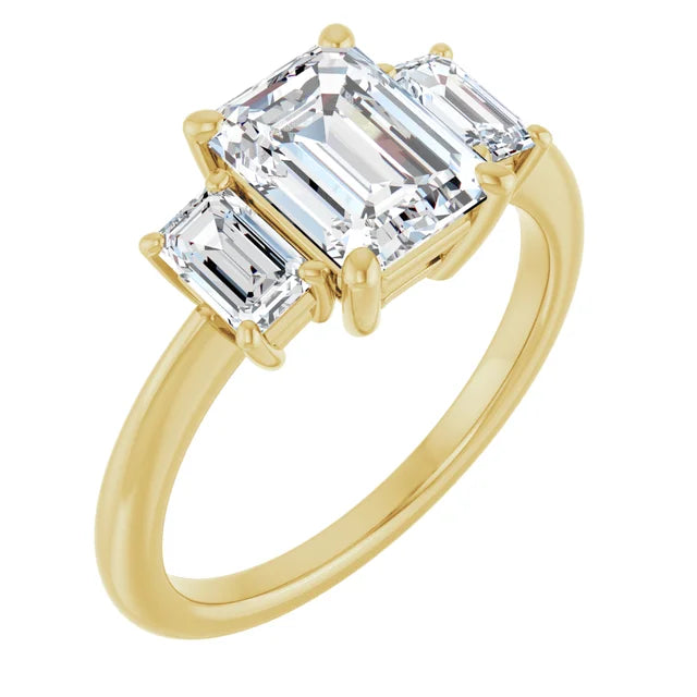 Emerald Yellow Gold Tri Stone Moissanite Engagement Ring