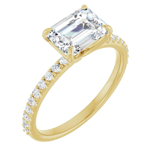 Emerald Yellow Gold East West Pave Moissanite Engagement Ring