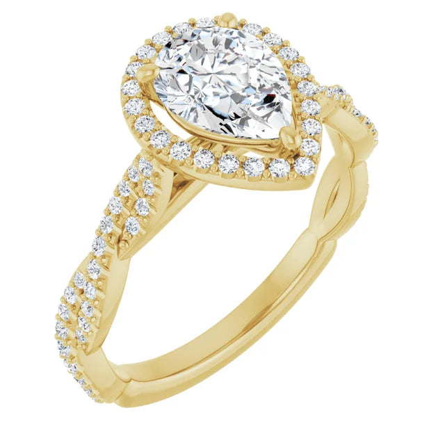 Pear Yellow Gold Halo Twist Pave Moissanite Engagement Ring