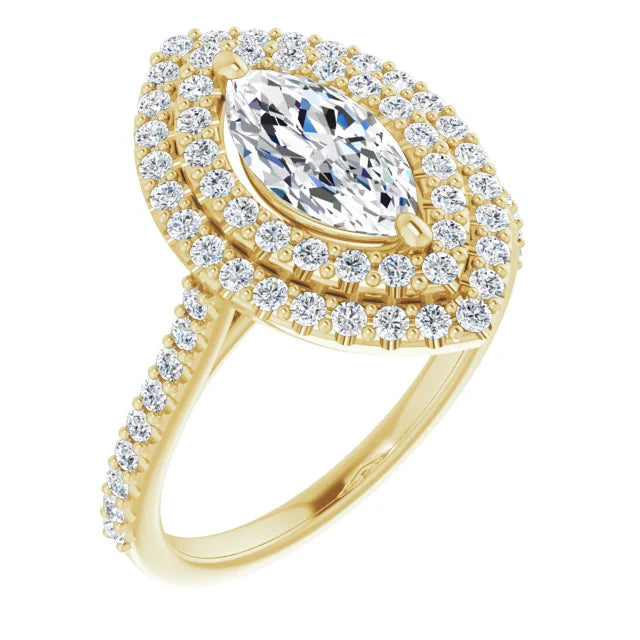 Marquise Double Halo Yellow Gold Moissanite Engagement Ring
