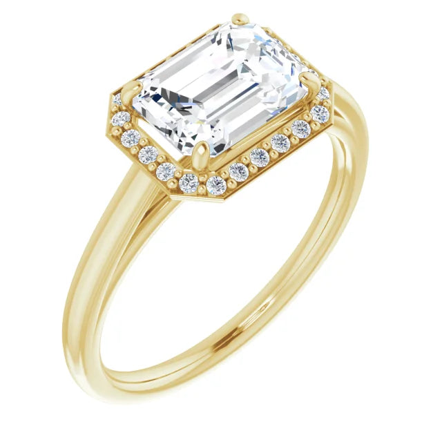 Emerald Yellow Gold East West Halo Moissanite Engagement Ring