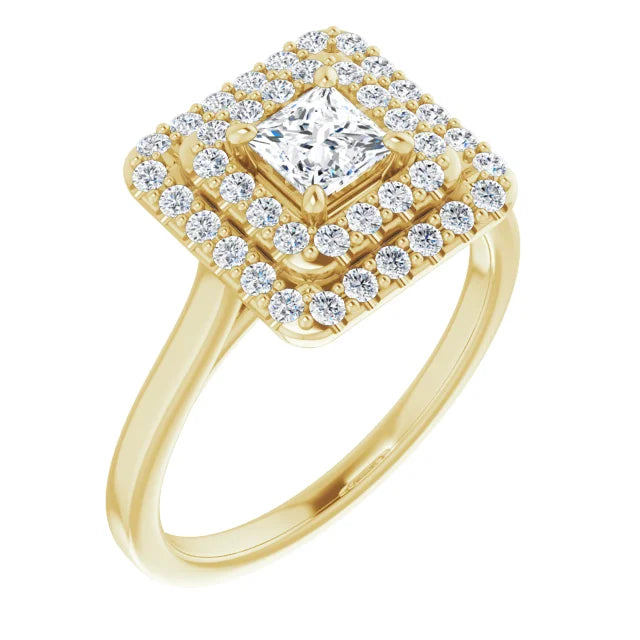 Princess Yellow Gold Double Halo Solitaire Moissanite Engagement Ring