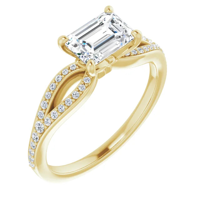 Emerald Yellow Gold East West Split Band Moissanite Engagement Ring
