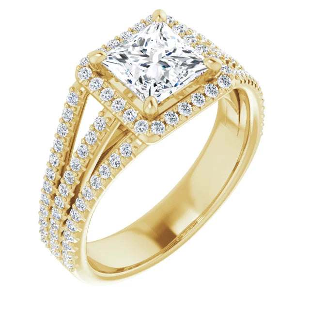 Princess Yellow Gold Halo Split Pave Moissanite Engagement Ring