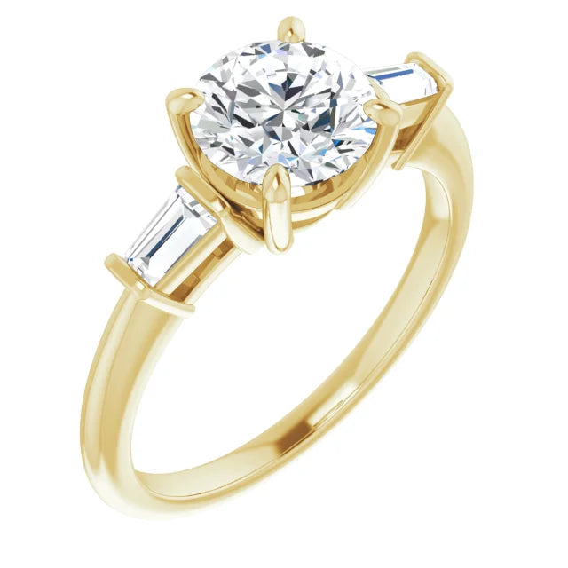 Round Brilliant Yellow Gold Baguette Accent Moissanite Engagement Ring