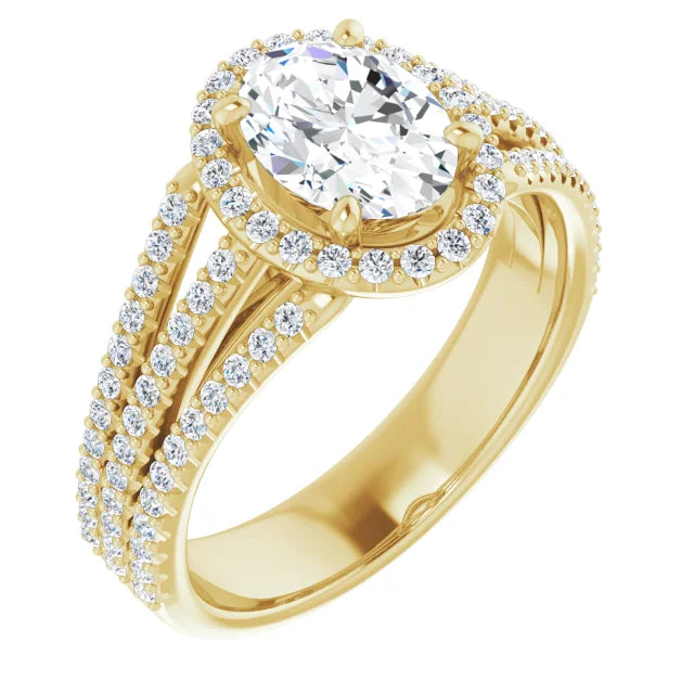 Oval Yellow Gold Halo Split Pave Moissanite Engagement Ring