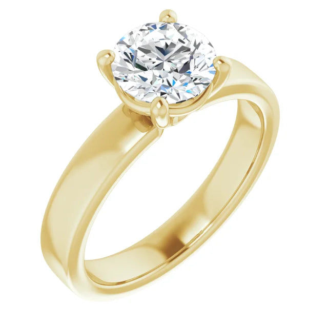 Round Brilliant Yellow Gold Wide Band Solitaire Moissanite Engagement Ring
