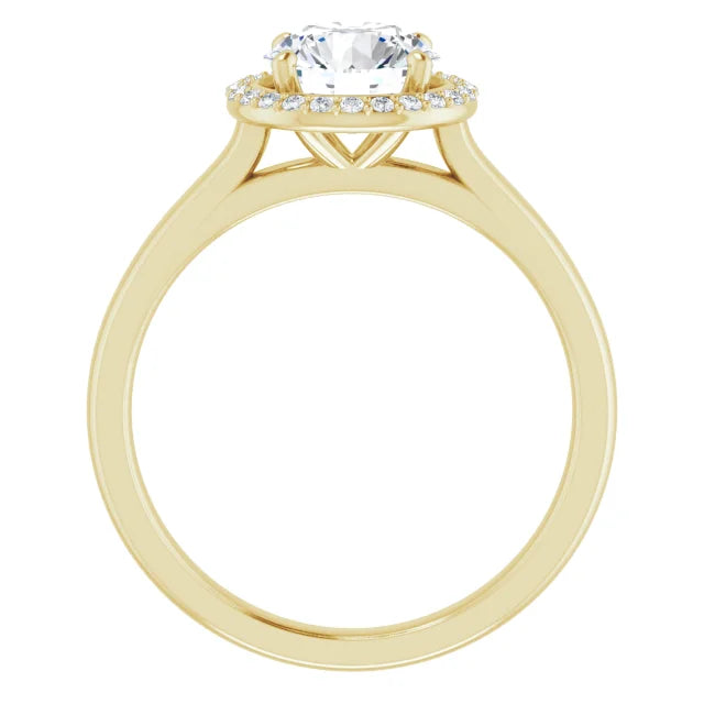 Yellow Gold Round Brilliant Halo Solitaire Engagement Ring. Moissanite