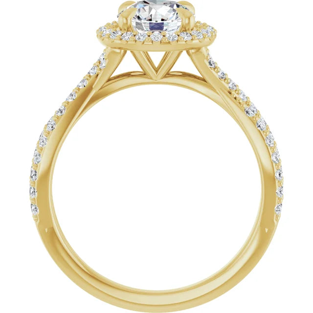Round Brilliant Yellow Gold Twist Band Halo Moissanite Engagement Ring