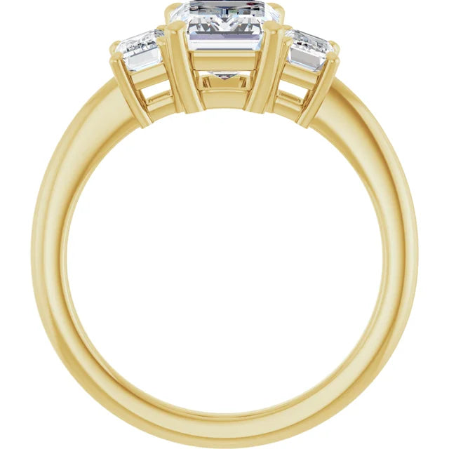 Emerald Yellow Gold Tri Stone Moissanite Engagement Ring