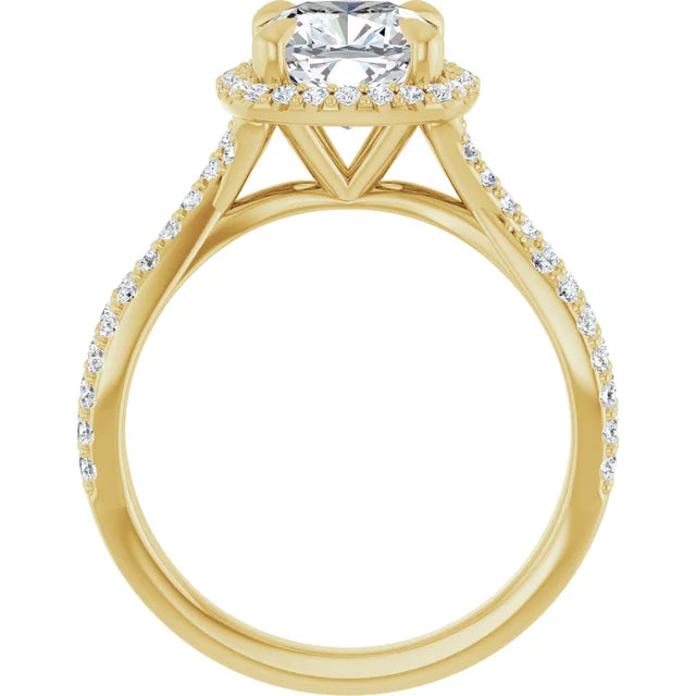 Cushion Yellow Gold Twist Band Halo Moissanite Engagement Ring