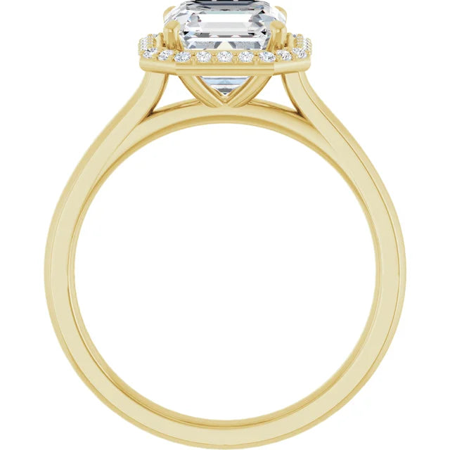 Asscher Halo Solitaire Engagement Ring Yellow Gold. Moissanite