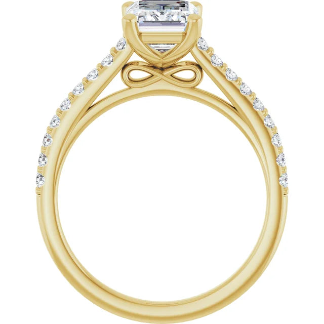 Emerald Yellow Gold Pave Style Moissanite Engagement Ring