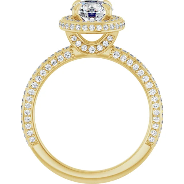 Round Brilliant Yellow Gold Halo Pave Style Moissanite Engagement Ring