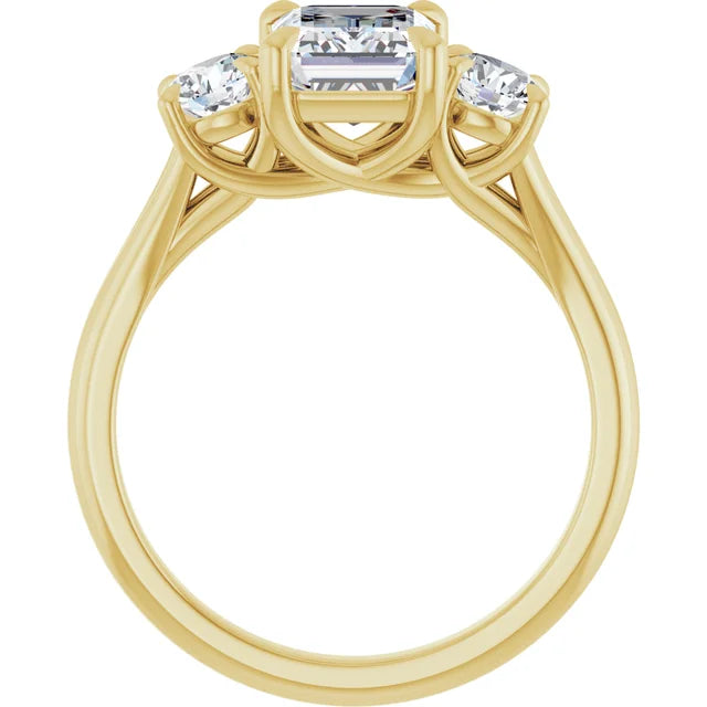 Emerald Yellow Gold Tri Stone Moissanite Engagement Ring