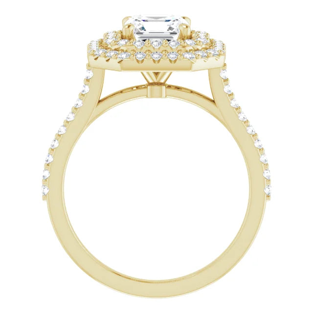 Asscher Double Halo Yellow Gold Moissanite Engagement Ring