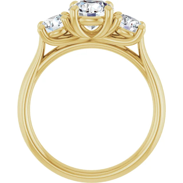 Round Brilliant Yellow Gold Tri Stone Moissanite Engagement Ring