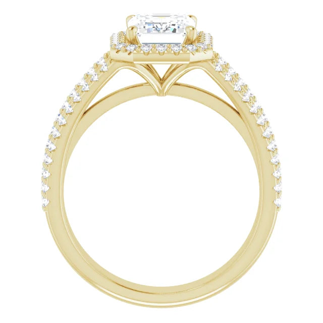Emerald Yellow Gold Halo Split Pave Moissanite Engagement Ring