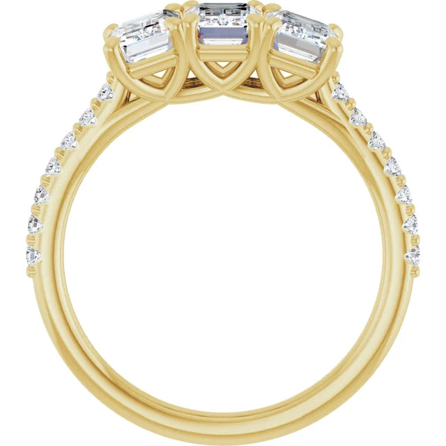 Emerald Yellow Gold Tri Stone Moissanite Engagement Ring