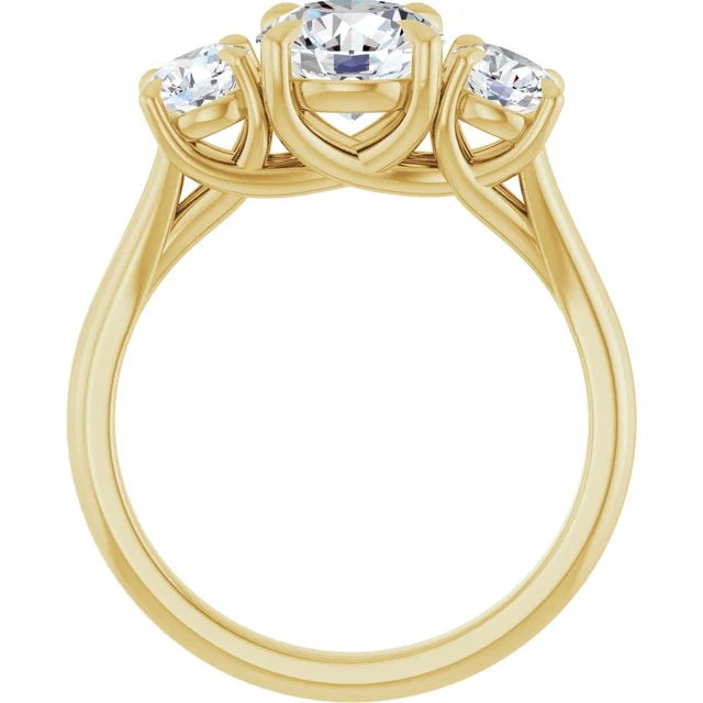 Round Brilliant Yellow Gold Tri Stone Moissanite Engagement Ring