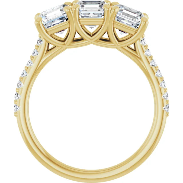 Cushion Yellow Gold Tri Stone Moissanite Engagement Ring