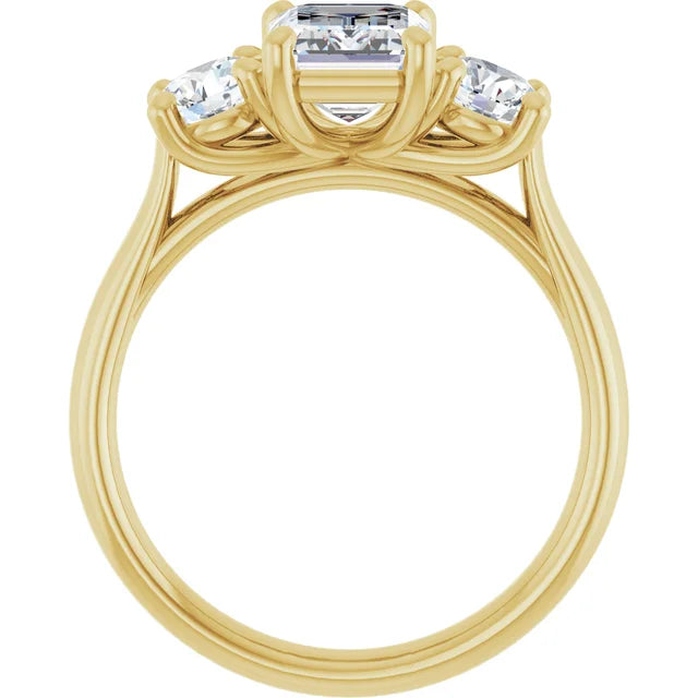 Emerald Yellow Gold Tri Stone Moissanite Engagement Ring