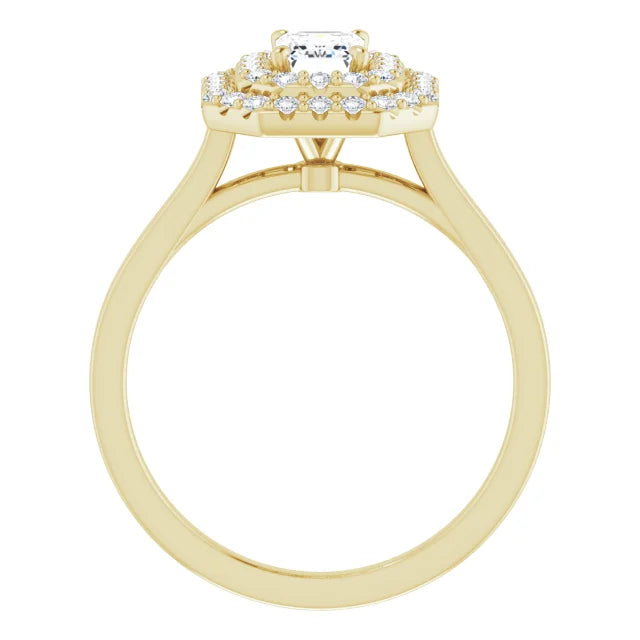 Emerald Yellow Gold Double Halo Solitaire Moissanite Engagement Ring
