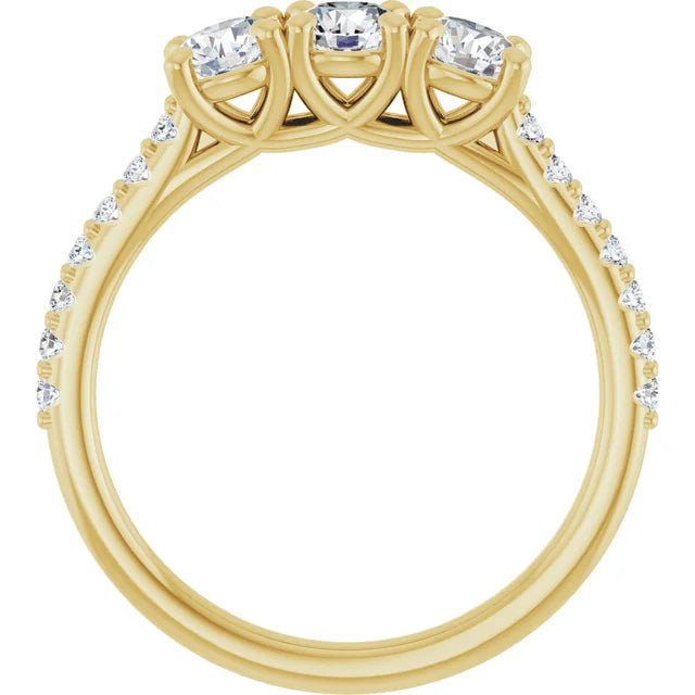 Round Brilliant Yellow Gold Tri Stone Moissanite Engagement Ring