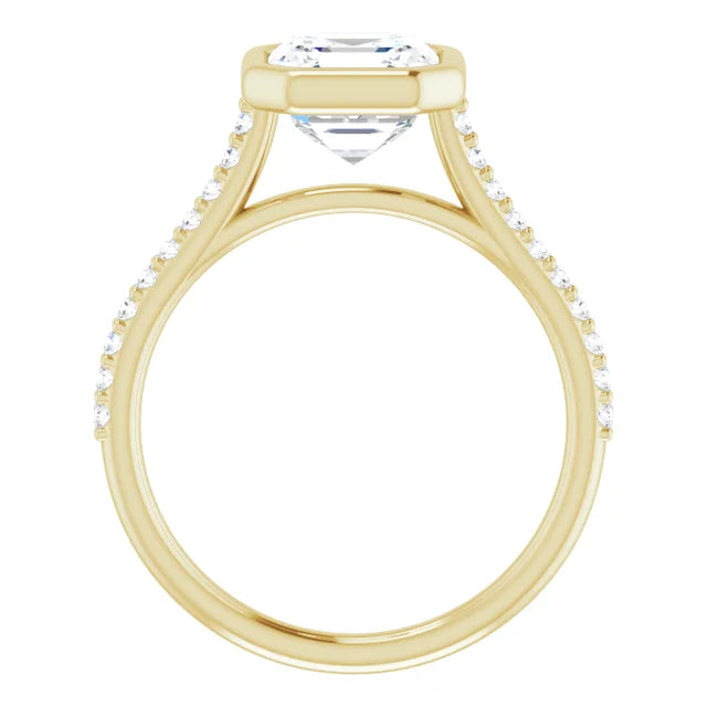 Asscher Yellow Gold Bezel Pave Moissanite Engagement Ring