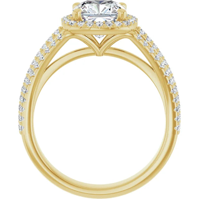 Cushion Yellow Gold Halo Split Pave Moissanite Engagement Ring