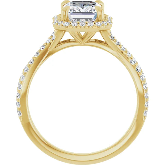 Emerald Yellow Gold Twist Band Halo Moissanite Engagement Ring
