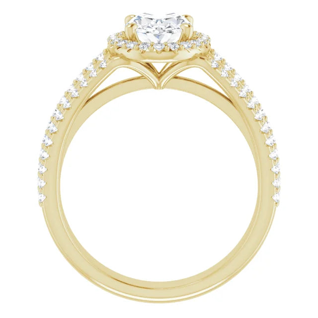 Oval Yellow Gold Halo Split Pave Moissanite Engagement Ring